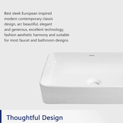 DeerValley DV-1V032 White Ceramic Rectangular Vessel Sink Above Counter White Bathroom Vanity Sink Bathroom Sink Art Basin (19.92'' L x 14'' W x 4.37'' H)