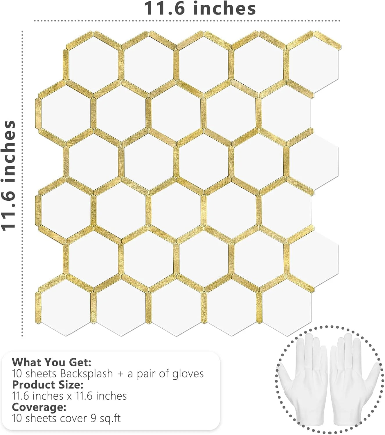 Hexagon Peel and Stick on Backsplash for Kitchen and Bathroom, White Marble Look PVC Mixed Metal Gold Self Adhesive Metal Mosaic Tiles(10 Sheets, Seamless)