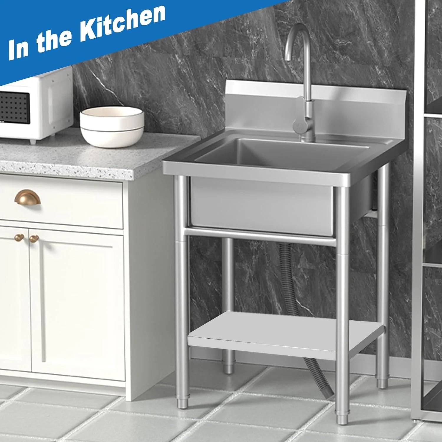 20" Stainless Steel Freestanding Utility Sink with Hot/Cold Water Faucet - Perfect for Kitchen, Bathroom, Farmhouse & Outdoor Use
