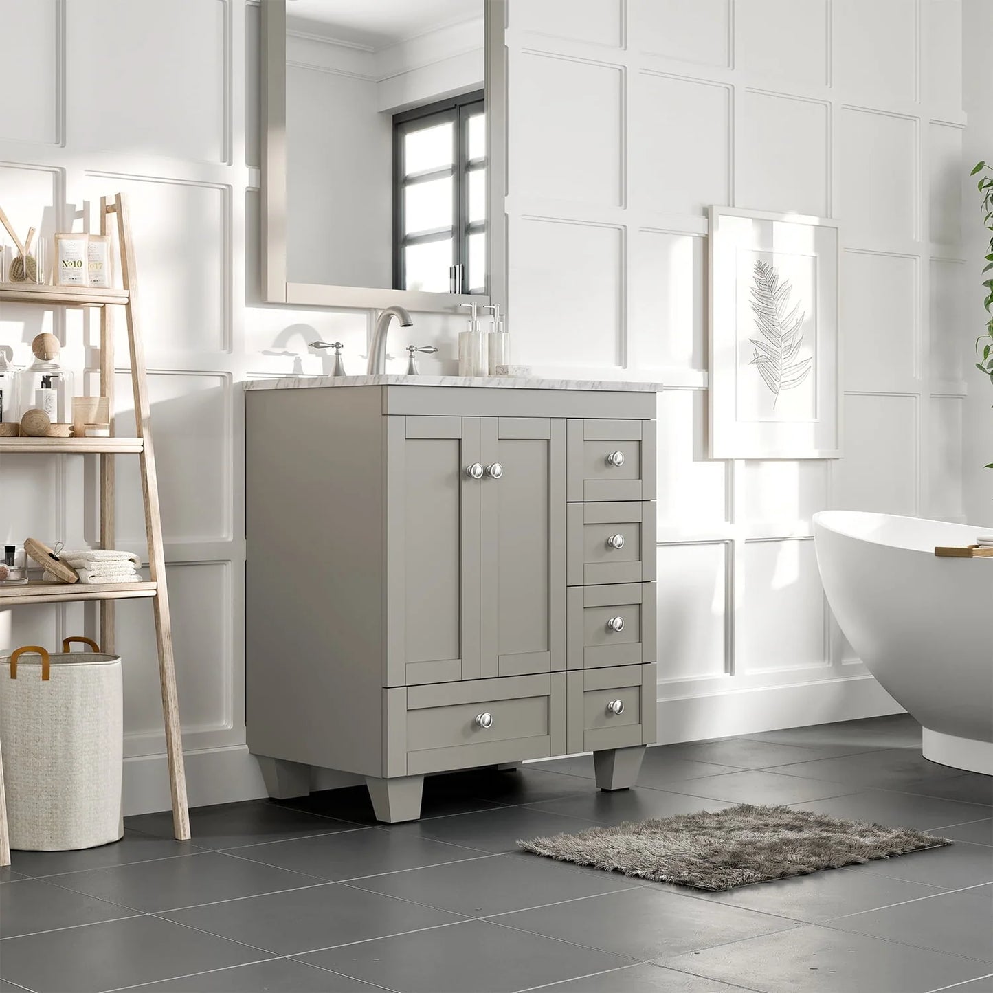 Eviva Bathroom Vanity Acclaim C. 30" Transitional Gray with White Carrara Marble Counter-Top