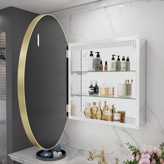 WallBeyond Bathroom Medicine Cabinet with Round Mirror Aluminum Framed 28", Gold