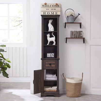 OKD 68" H Farmhouse Bathroom Storage Cabinet Organizer with Adjustable Shelves and Drawer, Dark Rustic Oak