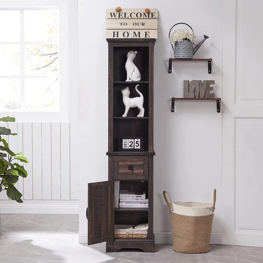 OKD 68" H Farmhouse Bathroom Storage Cabinet Organizer with Adjustable Shelves and Drawer, Dark Rustic Oak