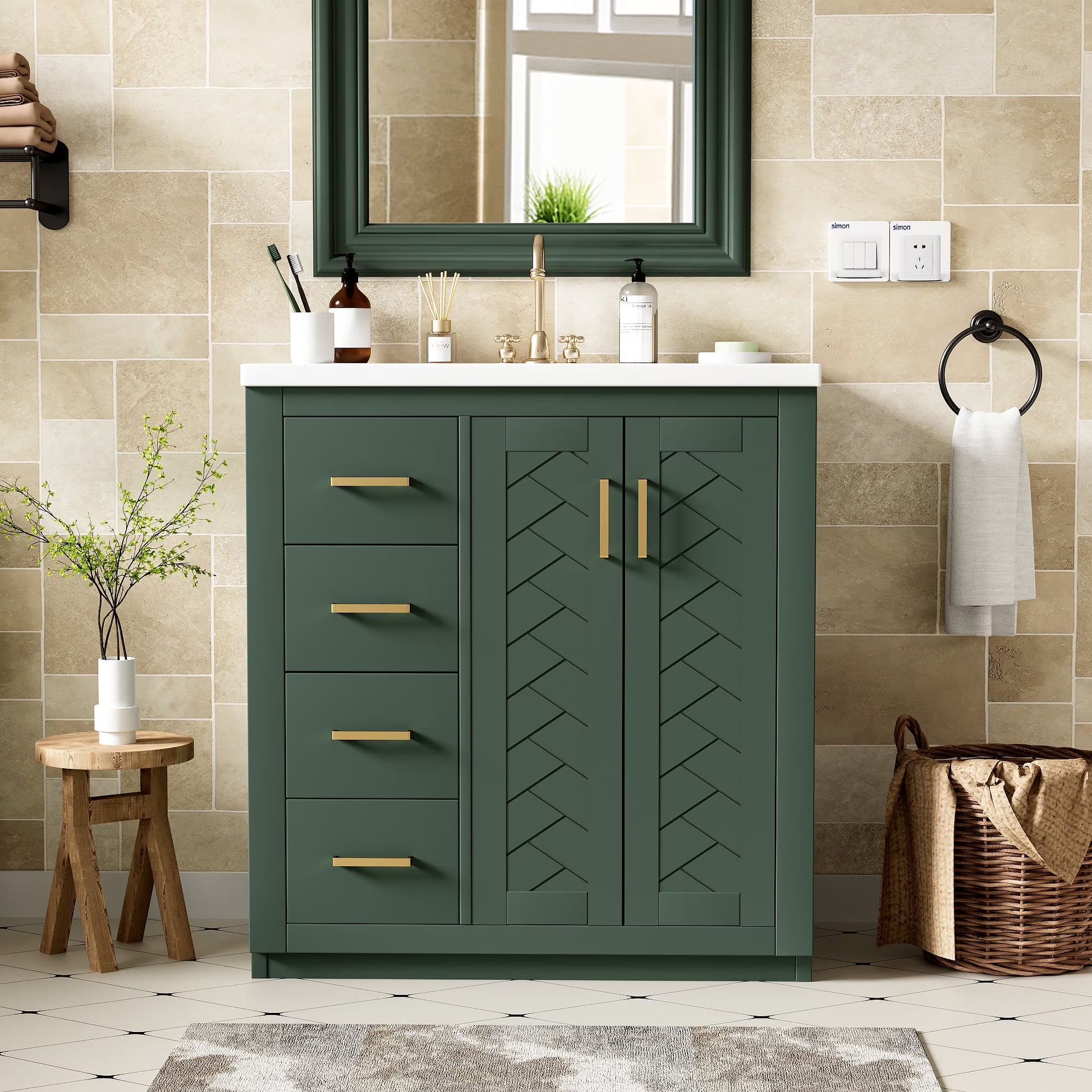 ENSHUI 30-Inch Bathroom Vanity with Ceramic Sink Combo, Solid Wood Frame, 4 Drawers, Soft Closing Doors, Green