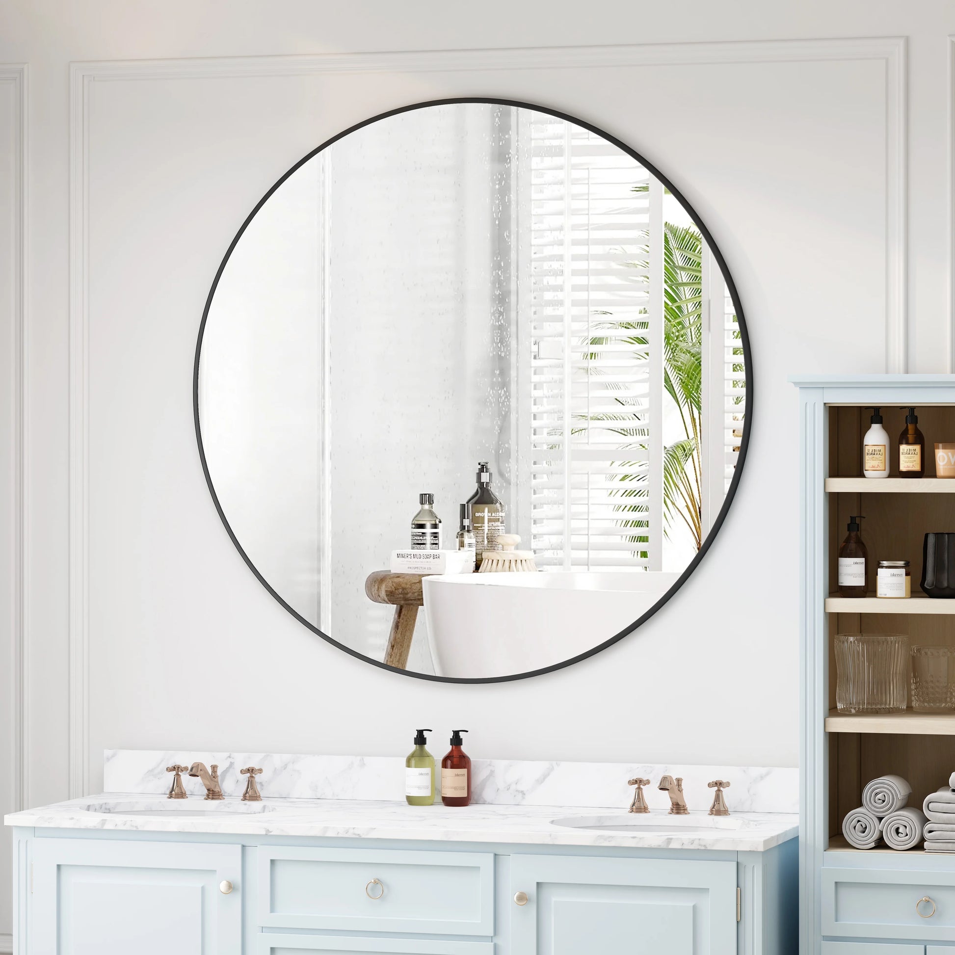DUOSONG Wall Mirror 42 Inch Black Circular Mirror Metal Framed Mirror Round Vanity Mirror Dressing Mirror, For Bathroom, Living Room, Bedroom Wall Decor Black Glass Mirrors Bathroom Mirrors