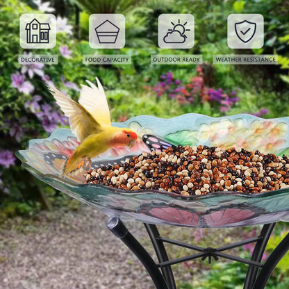 Glass Birdbath with Metal Stand Outdoor for Lawn Yard Garden Butterfly Decor, 18�?Dia 21.65�?Height