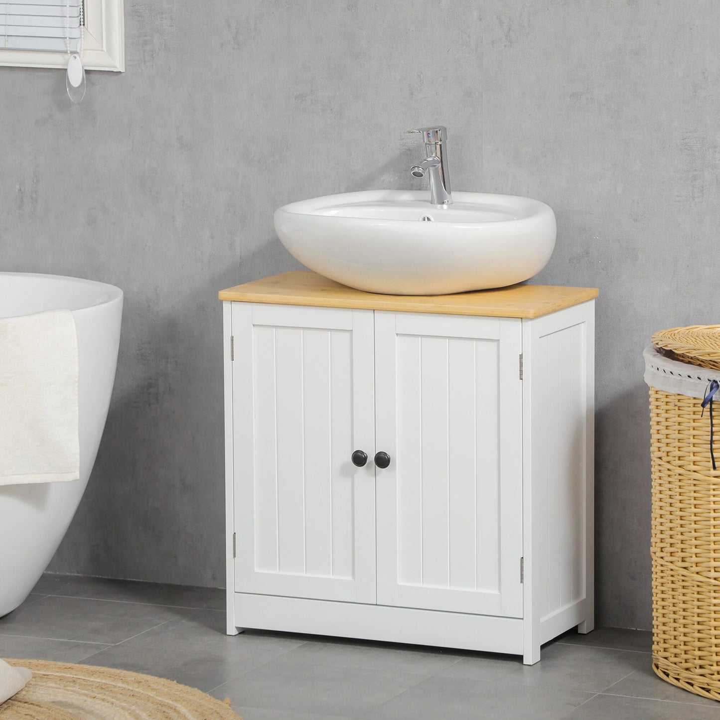 Kleankin Modern Bathroom Under Sink Cabinet,Bathroom Vanity for Wall Mount Sink,Storage Cabinet with Double Doors and Adjustable Shelf,White,White Mdf Bath Faucets Bathroom Storage