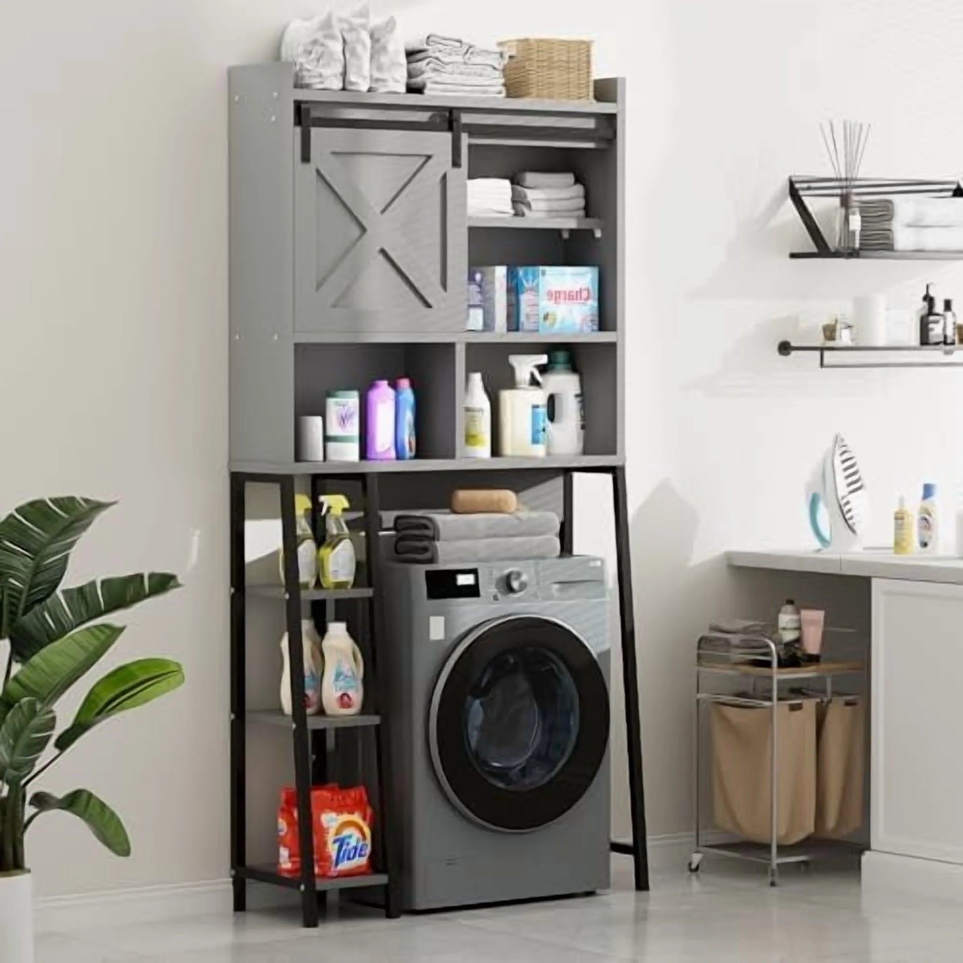 Over The Toilet Storage Cabinet, Farmhouse Storage Cabinet Over Toilet with Sliding Barn Doors, Freestanding Bathroom Organizer Shelf Space Saving, Grey