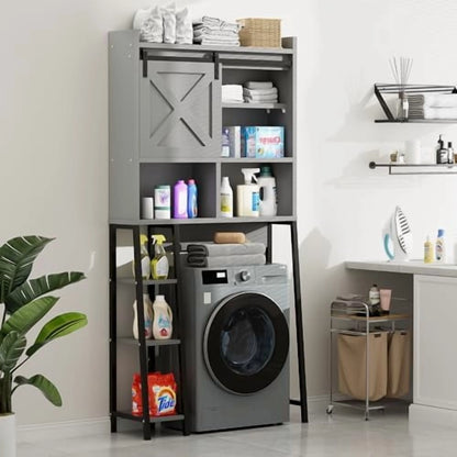Over The Toilet Storage Cabinet, Farmhouse Storage Cabinet Over Toilet with Sliding Barn Doors, Freestanding Bathroom Organizer Shelf Space Saving, Grey