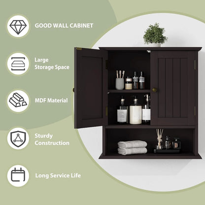Brown Bathroom Cabinet Wall Mounted, Small Bathroom Medicine Cabinet with 2 Door Adjustable Shelves, Bathroom Wall Cabinet Over Toilet for Laundry Room Kitchen